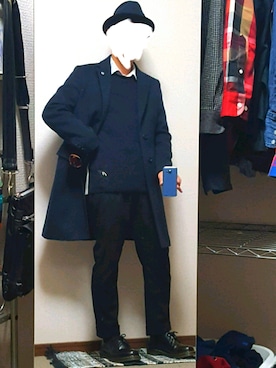 「COMME CA ISM（コムサイズム）のアイテム（チェスターコート）」を使った、ダイテンさん（メンズ・174cm）の冬コーディネート
