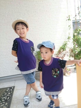 「こどものふくやのリバーシブルキャップ（キャップ、グリーン系）」を使った、るいさん（キッズ・120cm）の夏コーディネート