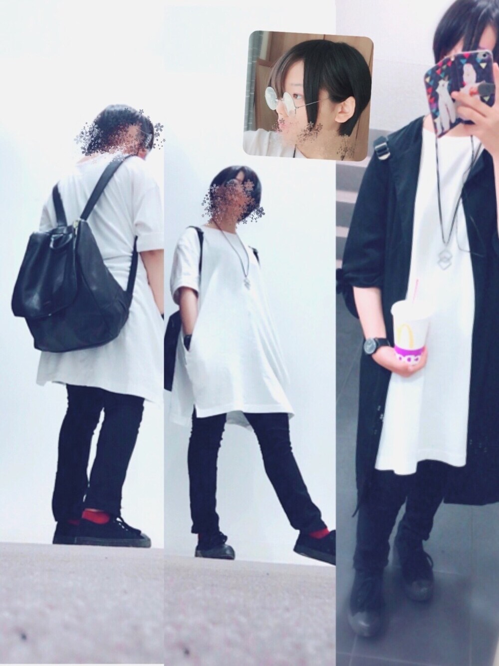 ブラック系のバックパック/リュック、ブラック系のその他パンツ、ブラック系のスニーカーを着用したレディースの春コーディネートの1枚目の写真