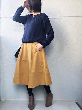 「EDIST.CLOSET（エディストクローゼット）のネイビーギャザースリーブブラウス（シャツ/ブラウス、ブラック系）」を使った、chocoさん（レディース・163cm）の秋コーディネート