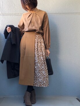 「EDIST.CLOSET（エディストクローゼット）のキャメルベージュデザインブラウス（シャツ/ブラウス、ブラウン系）」を使った、chocoさん（レディース・163cm）の秋コーディネート