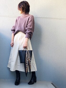 「UR'S（ユアーズ）のｵｰﾊﾞｰｻｲｽﾞﾀｰﾄﾙﾆｯﾄ（ニット/セーター、パープル系）」を使った、chocoさん（レディース・163cm）の秋コーディネート