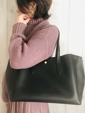 「UR'S（ユアーズ）のｵｰﾊﾞｰｻｲｽﾞﾀｰﾄﾙﾆｯﾄ（ニット/セーター、パープル系）」を使った、chocoさん（レディース・163cm）の冬コーディネート