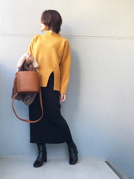 「titivate（ティティベイト）のﾌﾛﾝﾄｽﾘｯﾄﾎﾞﾄﾙﾈｯｸﾆｯﾄ（ニット/セーター、イエロー系）」を使った、chocoさん（レディース・163cm）の冬コーディネート