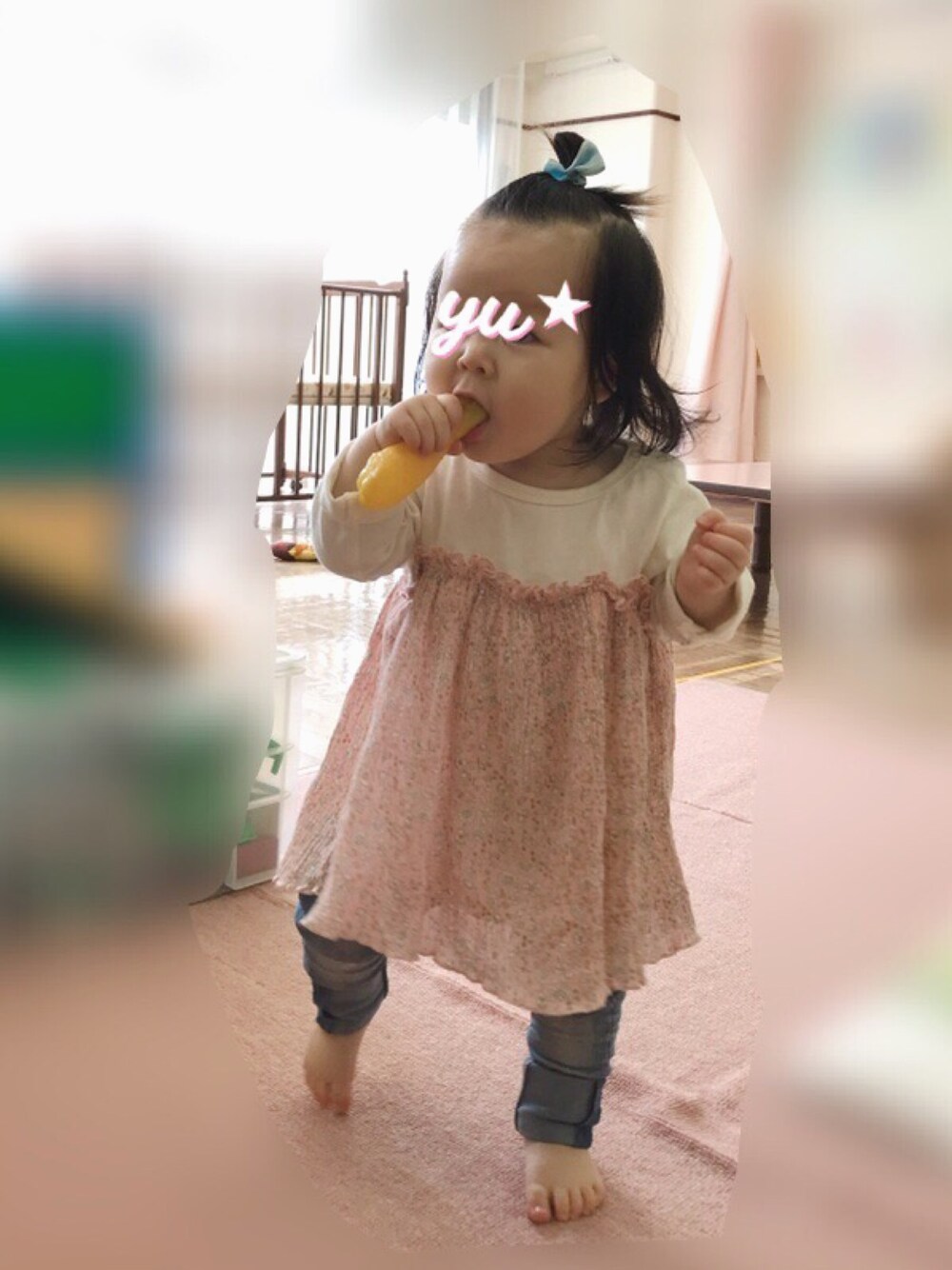 「むすめ服、適当、いつかのコーデ、撮り溜めコーデ、プティマイン、児童館、女の子、1歳」｜「petit mainのフリル切り替え7分袖チュニック（チュニック、ピンク系）」を使った、おてんばむすめさん（キッズ・70cm）の秋コーディネートの1枚目の写真