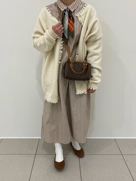 「ニットカーディガン」｜「アイテム（シャツワンピース）」を使った、minさん（レディース・158cm）の冬コーディネート