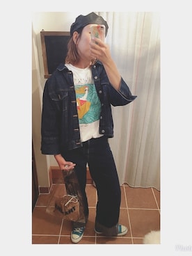 「デニムonデニム」｜「アイテム（ハンチング/ベレー帽）」を使った、HYOさん（レディース・166cm）の春コーディネート