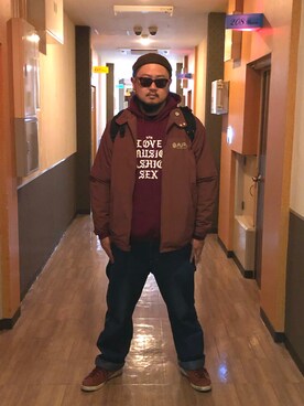 「A BATHING APE（アベイシングエイプ）のアイテム（ナイロンジャケット）」を使った、Cokky さん（メンズ・178cm）の冬コーディネート