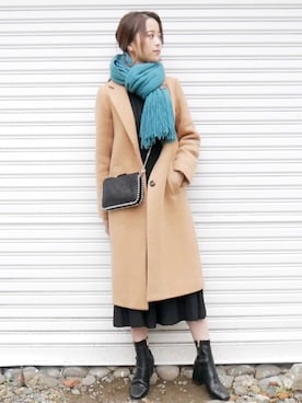 「PICCIN（ピッチン）のアイテム（チェスターコート）」を使った、田中日菜さん（レディース・161cm）の冬コーディネート