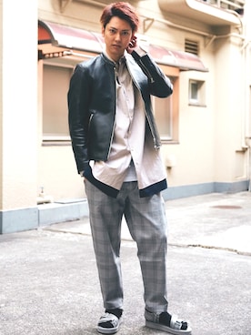 「マルジェラ」｜「アイテム（ライダースジャケット）」を使った、ないとー【おるたな】さん（メンズ・180cm）の春コーディネート