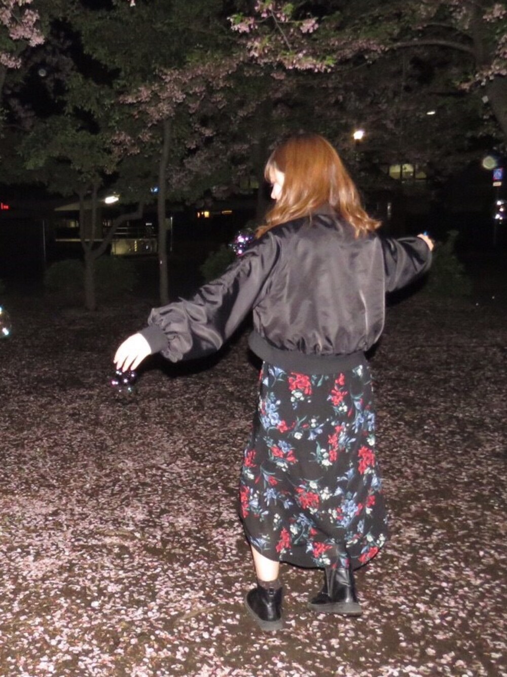 「お花見、ワンピース、春コーデ、JEANASiS、WEGO、MA-1」｜「WEGOのDISPARK/ボリュームスリーブMA-1（MA-1、ブラック系）」を使った、ミキさん（レディース・164cm）の春コーディネートの1枚目の写真