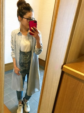 「ロングシャツ」｜「アイテム（サロペット/オーバーオール）」を使った、ちぃさん（レディース・150cm）の春コーディネート