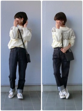 「UNIQLO（ユニクロ）のハイライズボーイフレンドフィットジーンズ＋EC（デニムパンツ）」を使った、ちぃさん（レディース・150cm）の秋コーディネート