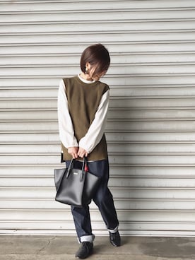 「UNIQLO（ユニクロ）のハイライズボーイフレンドフィットジーンズ＋EC（デニムパンツ）」を使った、ちぃさん（レディース・150cm）の秋コーディネート