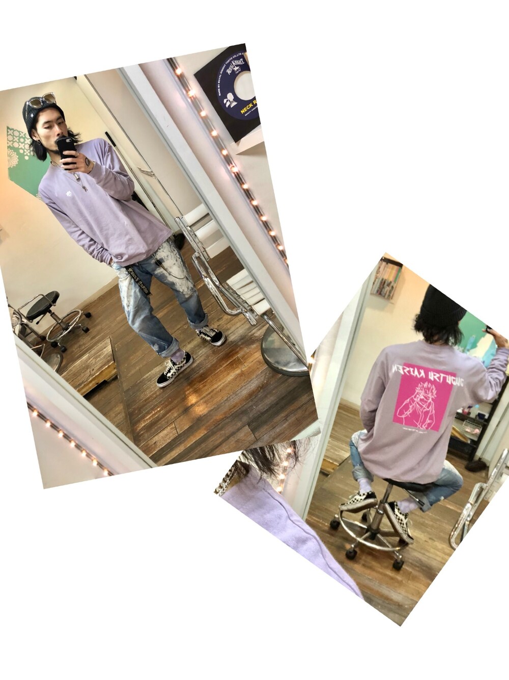 「春コーデ、春、オーバーサイズ、春カラー、ワイドパンツ、デニム、ストリート、スニーカー、ロンT、ラベンダー」｜「RAGEBLUEのアイテム（Tシャツ/カットソー、パープル系）」を使った、tkc18さん（メンズ・173cm）の春コーディネートの1枚目の写真
