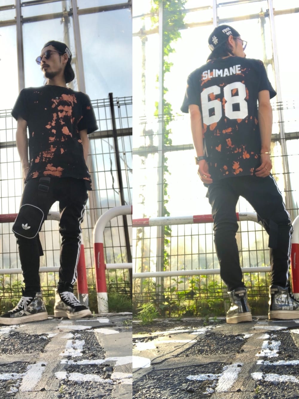 「夏コーデ、ブラック、ブラックコーデ、ストリート、スポーツミックス、キャップ、Tシャツ、ジャージ、スニーカー、スニーカーコーデ、モノトーン、モノトーンコーデ」｜「adidasのSST トラックパンツ（ジャージ）[SST PT] アディダスオリジナルス（その他パンツ、ブラック系）」を使った、tkc18さん（メンズ・173cm）の春コーディネートの1枚目の写真