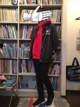 「red」｜「アイテム（ナイロンジャケット）」を使った、さいさん（メンズ・175cm）の冬コーディネート