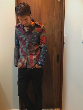 「ISAMU KATAYAMA BACKLASH（イサムカタヤマバックラッシュ）のアイテム（シャツ/ブラウス）」を使った、ナオキックさん（メンズ・177cm）の冬コーディネート