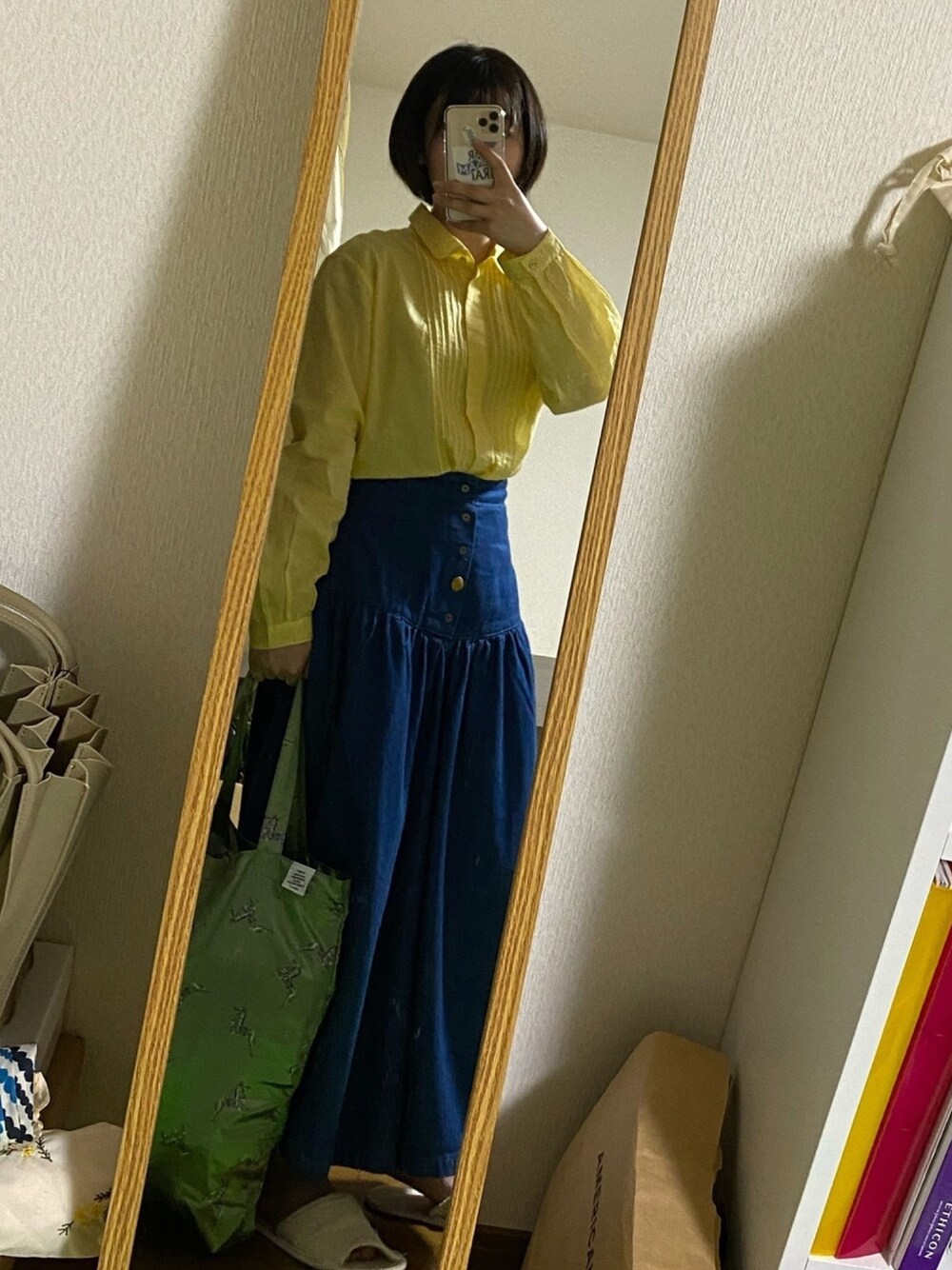 「デニム、デニムオンデニム、KAPITAL、オトナカジュアル、ラクチンコーデ、ビッグシルエット、UNIQLO、INESDELAFRESSANGE、イネス、低身長」｜「UNIQLOのアイテム（シャツ/ブラウス、イエロー系）」を使った、優さん（レディース・155cm）の春コーディネートの1枚目の写真
