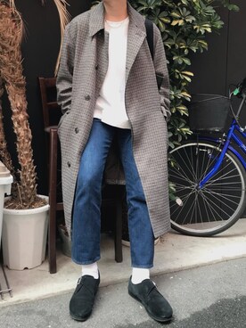 「UNUSED」｜「アイテム（ステンカラーコート）」を使った、たくちゃんさん（メンズ・172cm）の秋コーディネート