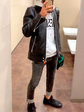 「DIESEL（ディーゼル）のアイテム（ライダースジャケット）」を使った、HatAhaTaさん（メンズ・174cm）の春コーディネート