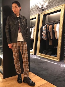 「UK」｜「アイテム（ライダースジャケット）」を使った、®️さん（メンズ・175cm）の秋コーディネート