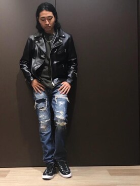 「チャックテイラー」｜「アイテム（ライダースジャケット）」を使った、®️さん（メンズ・175cm）の秋コーディネート