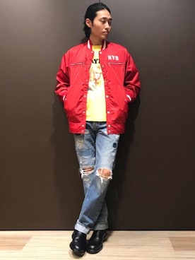 「コラボレーション」｜「アイテム（スタジャン）」を使った、®️さん（メンズ・175cm）の冬コーディネート