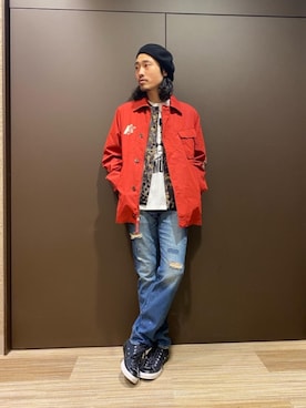 「アイテム（ミリタリージャケット、レッド系）」を使った、®️さん（メンズ・177cm）の冬コーディネート