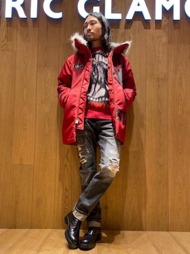 「ロックコーデ」｜「アイテム（スウェット）」を使った、®️さん（メンズ・177cm）の冬コーディネート
