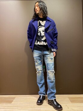 「HYSTERIC GLAMOUR（ヒステリックグラマー）のアイテム（ライダースジャケット）」を使った、®️さん（メンズ・177cm）の冬コーディネート