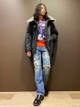 「ロックコーデ」｜「アイテム（スウェット）」を使った、®️さん（メンズ・177cm）の冬コーディネート