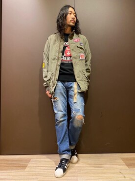 「ロックコーデ」｜「アイテム（ミリタリージャケット）」を使った、®️さん（メンズ・177cm）の冬コーディネート
