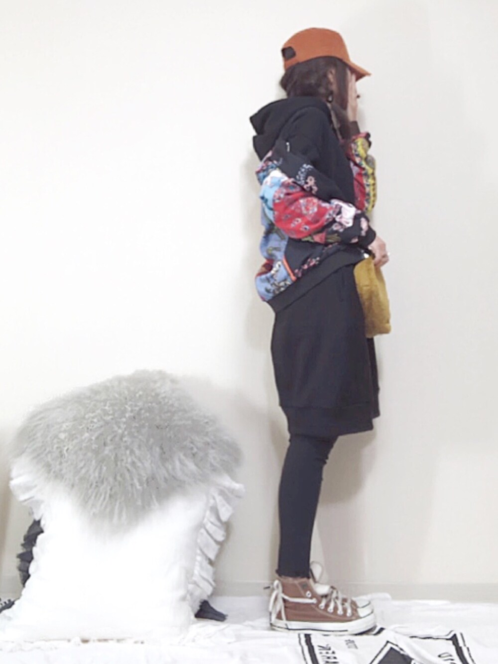 「Desigual、デシグアル、ブルゾン、GU、パーカーワンピース、スカーフ柄、converse、秋のブラウンスタイル、秋コーデ、大人カジュアル」｜「Desigualの「Desigual/デシグアル」 総柄プリントブルゾン(リブ衿)（ブルゾン、その他）」を使った、norimamiさん（レディース・160cm）の秋コーディネートの1枚目の写真
