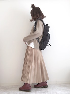 「Chaco closet（チャコ クローゼット）のアソートプリーツ Aラインウエストゴムロングスカート[チェック 小花柄 ダルメシアン コーデュロイ サテン シアー 無地]（スカート）」を使った、norimamiさん（レディース・160cm）の秋コーディネート