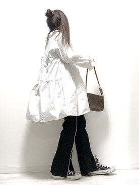 「スリットパンツ」｜「アイテム（シャツワンピース）」を使った、norimamiさん（レディース・160cm）の冬コーディネート