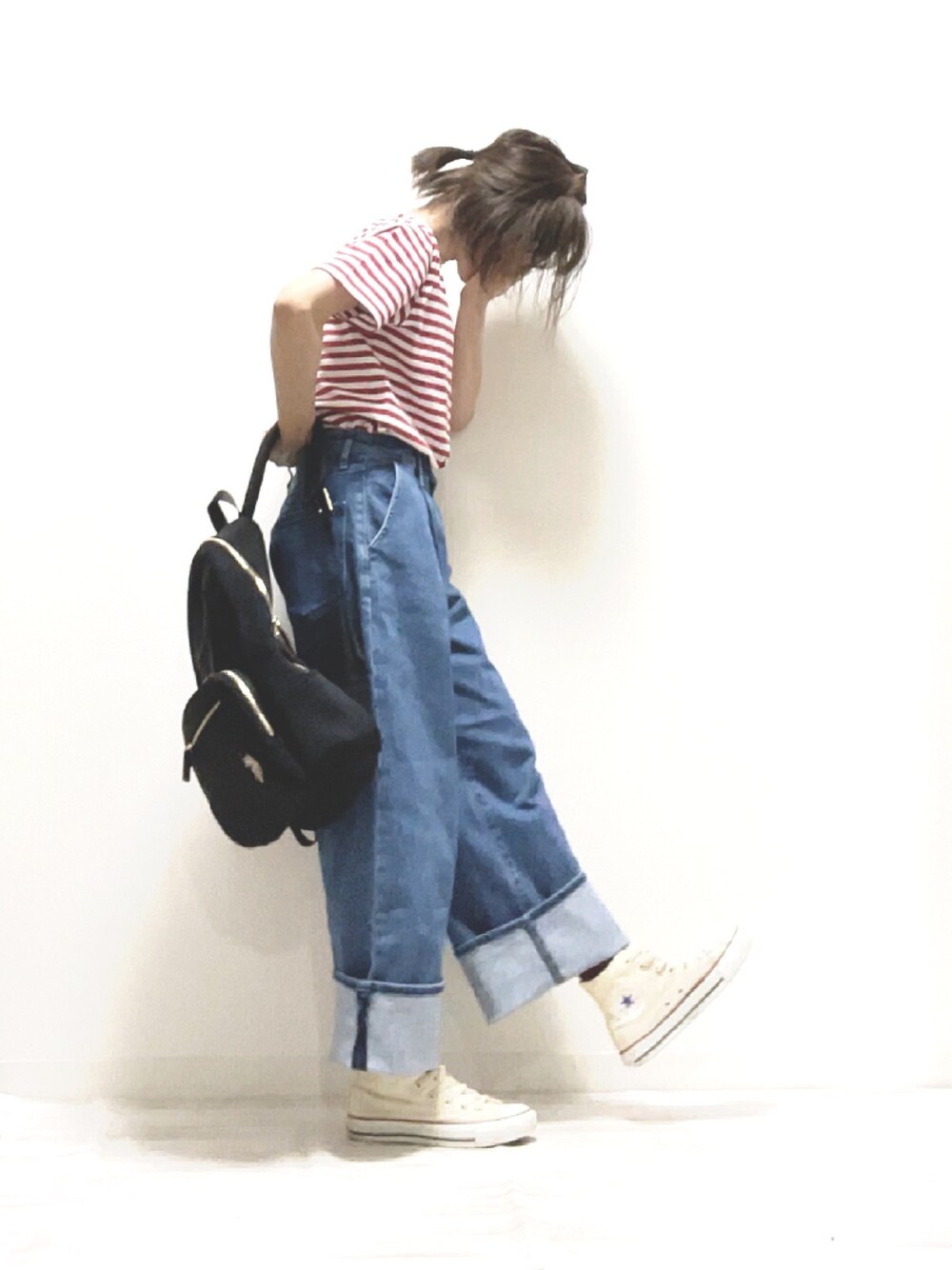 「MACKINTOSH PHILOSOPHY、EDWIN、ママコーデ、ゆるコーデ、オーバーサイズ、ラクチンコーデ、これが私をアゲる服、ボーダー、デニムパンツ、PR」｜「MACKINTOSH PHILOSOPHYの◆◆【BUCKINGHAM BEAR】ボーダーポケT（Tシャツ/カットソー、レッド系）」を使った、norimamiさん（レディース・160cm）の春コーディネートの1枚目の写真