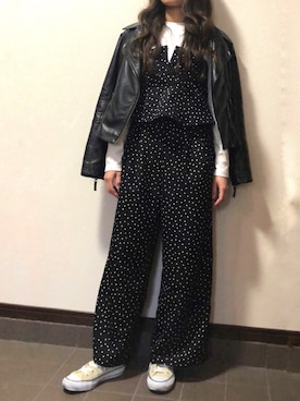 「アイテム（ライダースジャケット）」を使った、m ☺︎さん（レディース・149cm）の春コーディネート