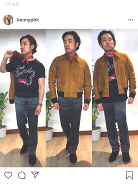 「YSL（ワイエスエル）のアイテム（ムートンコート）」を使った、kennyphkさん（メンズ・171cm）の冬コーディネート