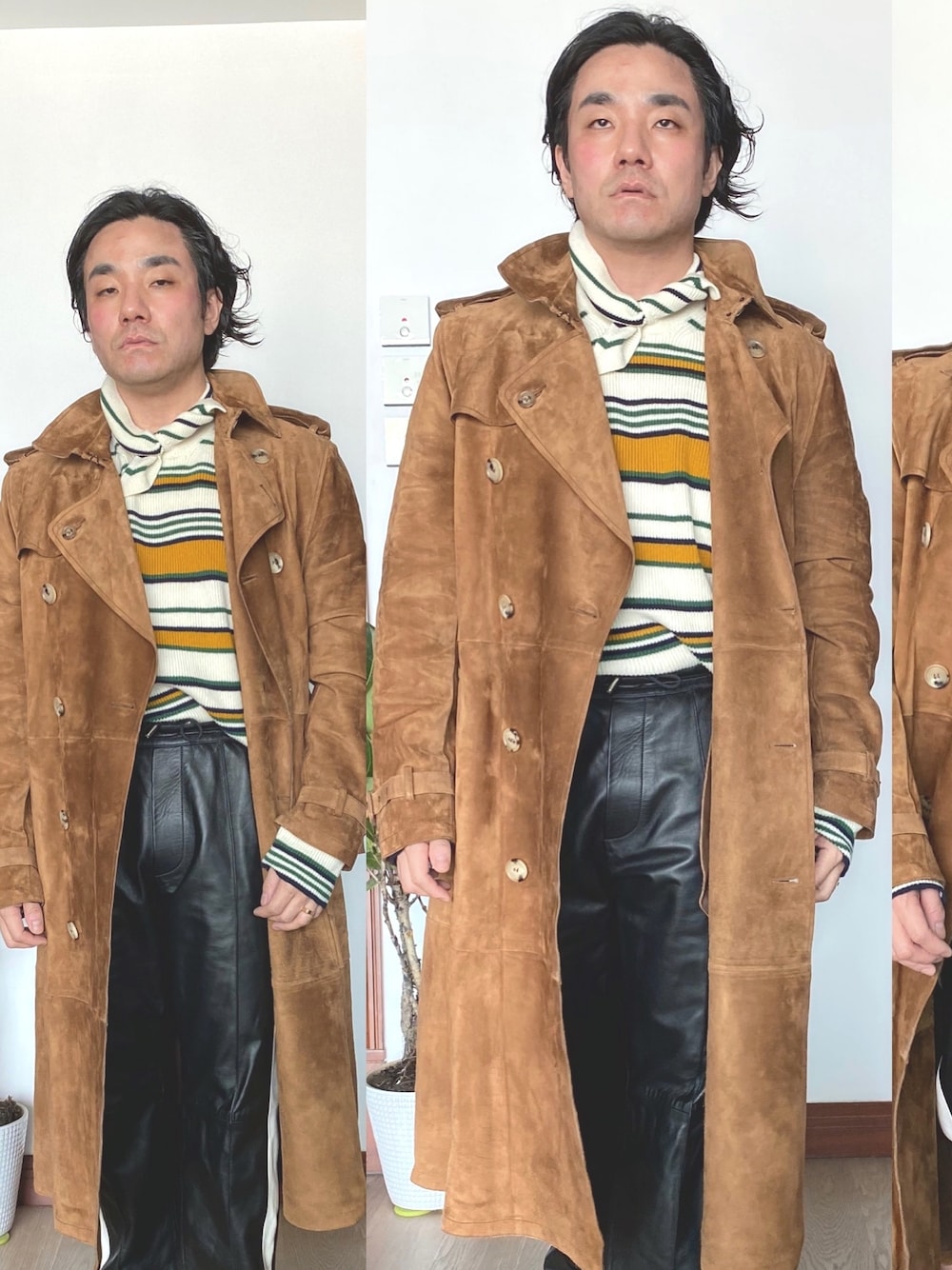 「BURBERRYのアイテム（ムートンコート、ブラウン系）」を使った、kennyphkさん（メンズ・170cm）の春コーディネートの1枚目の写真