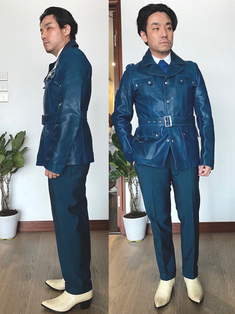 「GIVENCHYのアイテム（ムートンコート、ブルー系）」を使った、kennyphkさん（メンズ・169cm）の春コーディネートの1枚目の写真