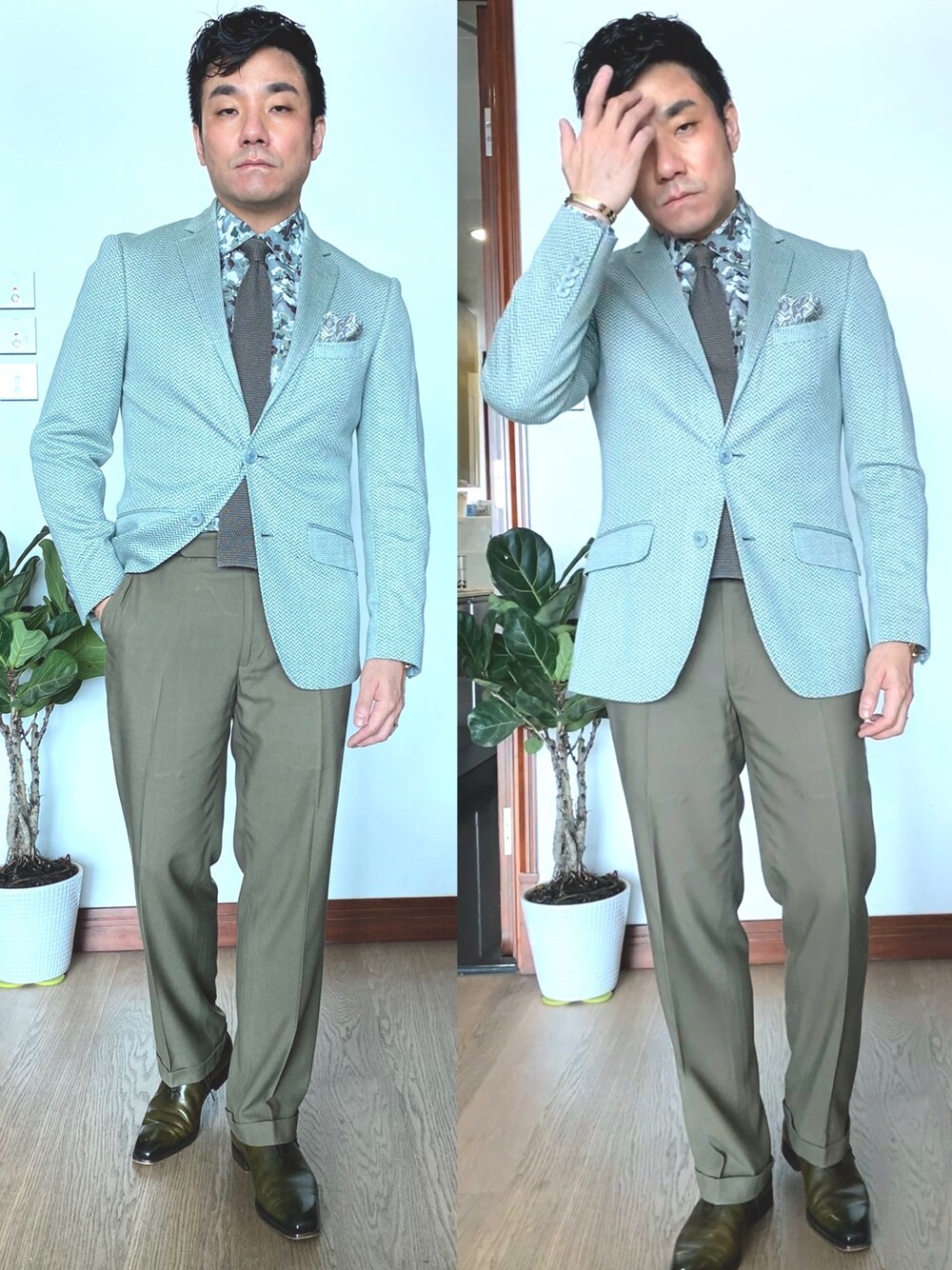 グリーン系のスーツジャケット、グレー系のネクタイ、グリーン系のスーツパンツを着用したメンズの夏コーディネートの1枚目の写真