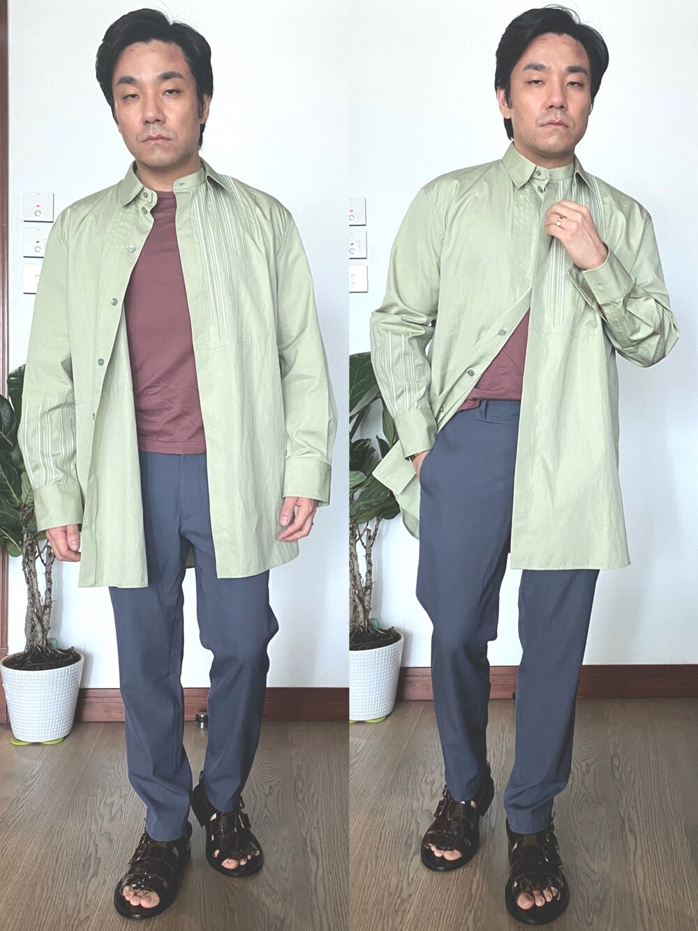 「ROCHASのアイテム（シャツ/ブラウス、グリーン系）」を使った、kennyphkさん（メンズ・169cm）の夏コーディネートの1枚目の写真