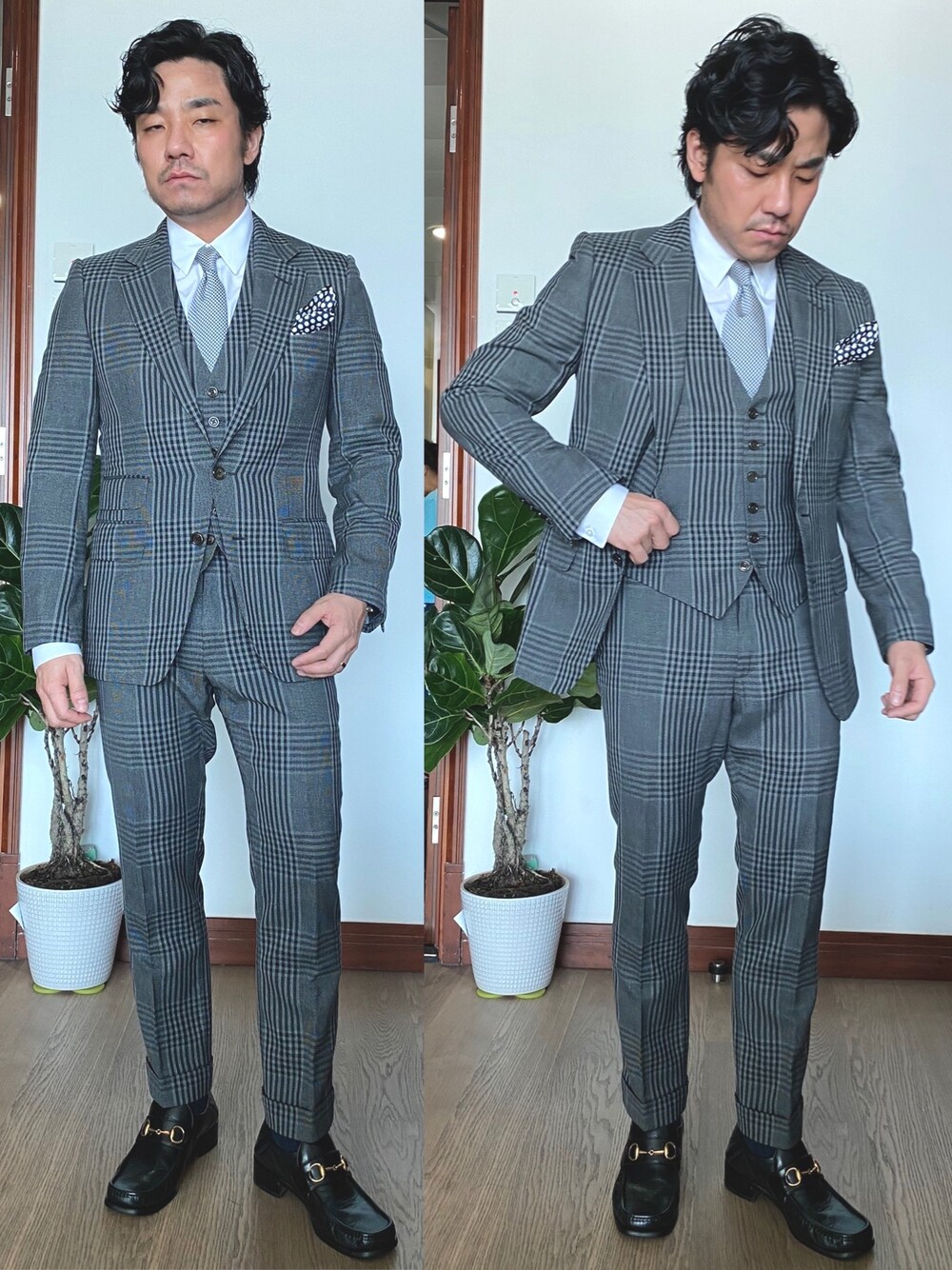 グレー系のスーツジャケット、グレー系のスーツベスト、グレー系のスーツパンツを着用したメンズの秋コーディネートの1枚目の写真