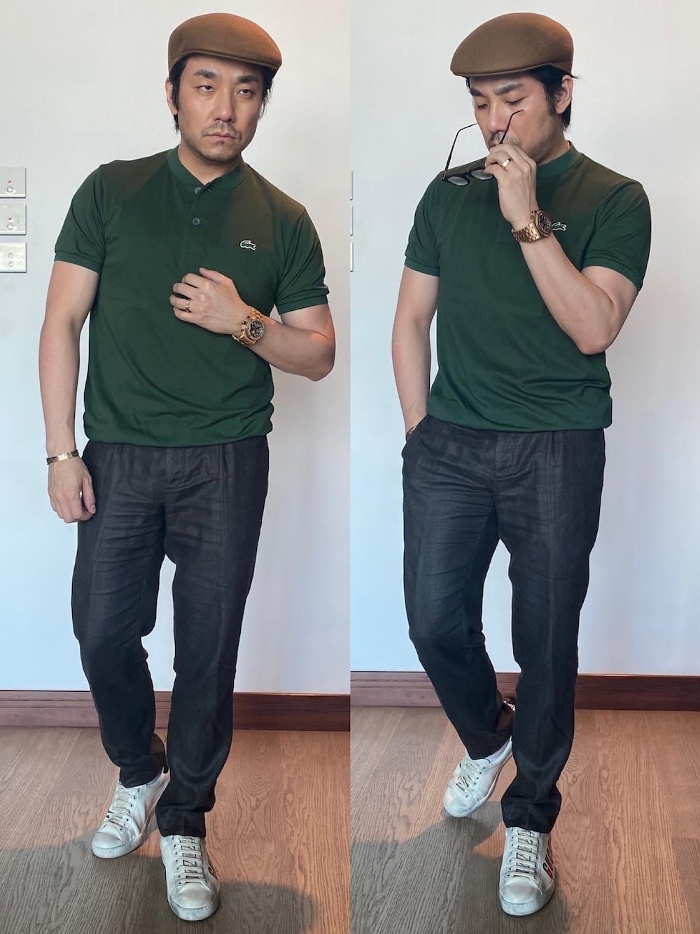 「LACOSTEのアイテム（ポロシャツ、グリーン系）」を使った、kennyphkさん（メンズ・169cm）の秋コーディネートの1枚目の写真