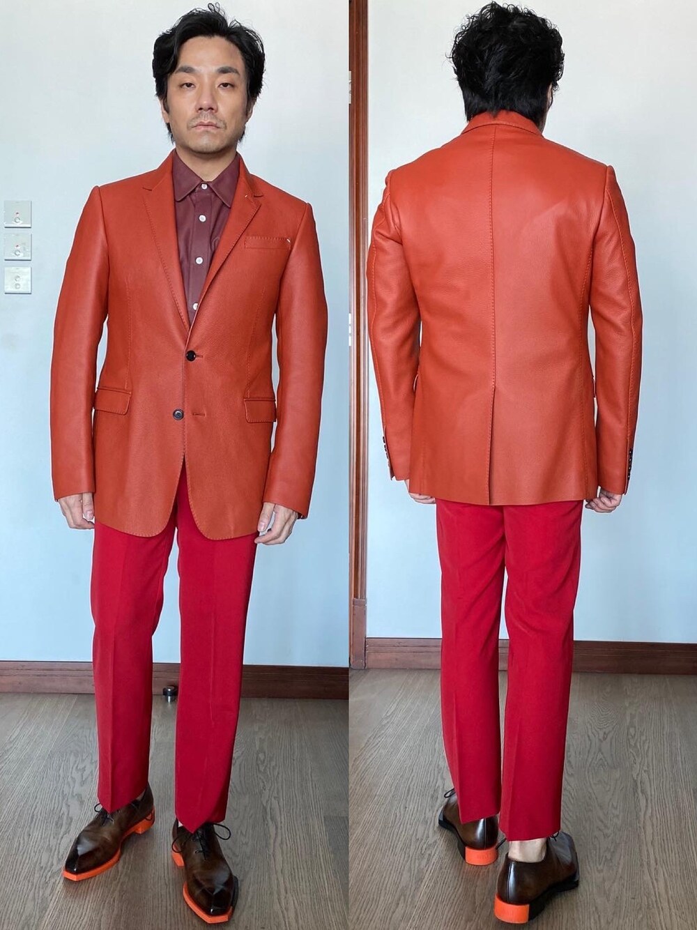 「Berlutiのアイテム（スーツジャケット、オレンジ系）」を使った、kennyphkさん（メンズ・169cm）の秋コーディネートの1枚目の写真