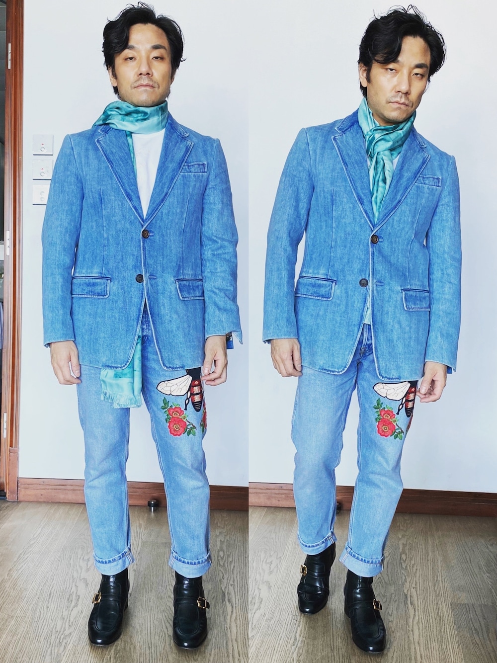 「PRADAのアイテム（テーラードジャケット、ブルー系）」を使った、kennyphkさん（メンズ・169cm）の秋コーディネートの1枚目の写真