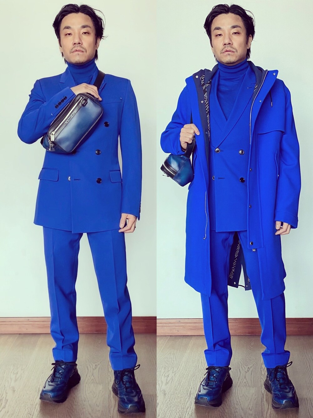 「Berlutiのアイテム（スーツセット、ブルー系）」を使った、kennyphkさん（メンズ・169cm）の冬コーディネートの1枚目の写真