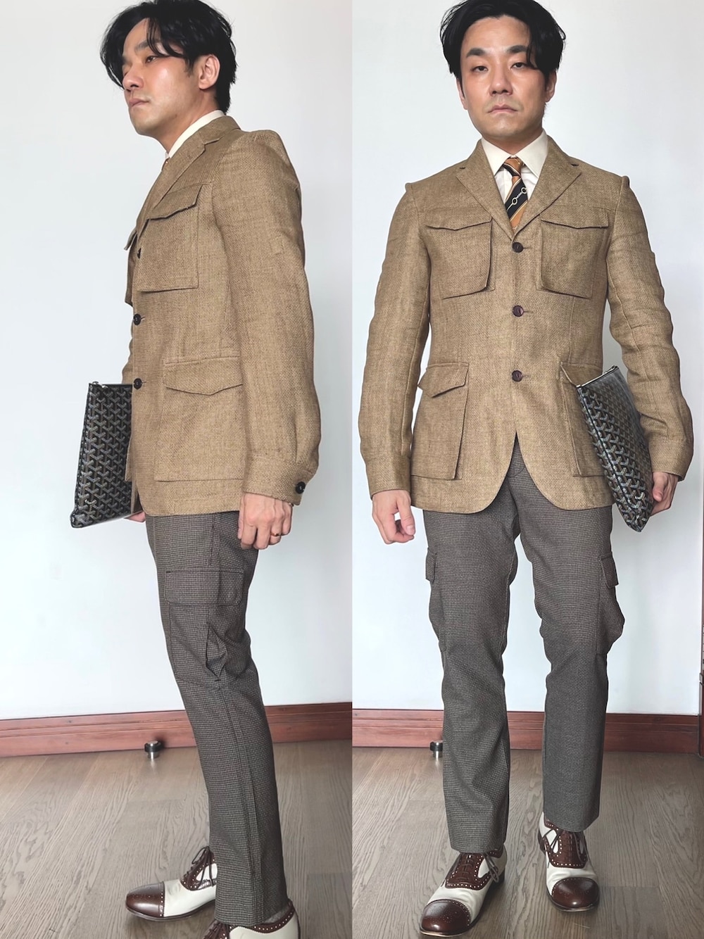 「CORNELIANIのアイテム（スーツジャケット、ベージュ系）」を使った、kennyphkさん（メンズ・169cm）の春コーディネートの1枚目の写真