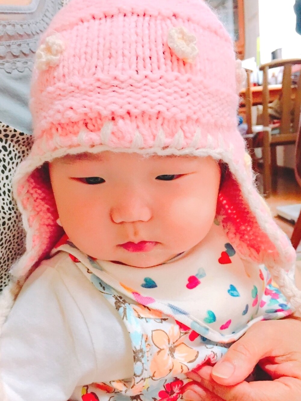 「冬物、女の子、6ヶ月」｜「赤ちゃん本舗のアイテム（ニットキャップ/ビーニー、ピンク系）」を使った、♡SAKIさん（キッズ・70cm）の秋コーディネートの1枚目の写真